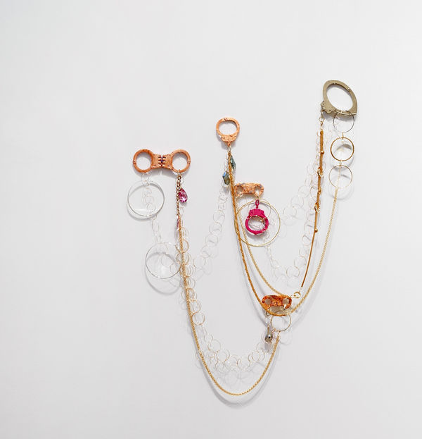 Kambui Olujimi No Belts, No Laces, 2018 mixed media with handcuffs dimensions variable, approximately: 23 x 34 x 2 in.