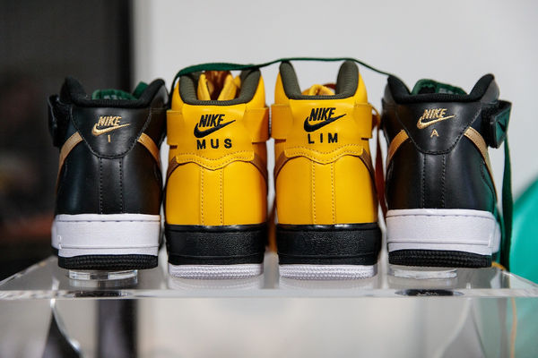 Baseera Khan Nike ID #2, 2018 customized Nike Air Force One mid tops, size 8.5 women’s Shoe Shelves Clear acrylic with arabesque cutouts, stackable customized shelving 15 x 15 x 15 (set of three, stacked)