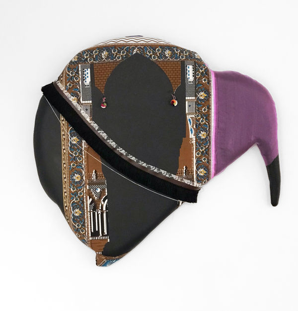Baseera Khan Seat 25 Purple and Black, 2019 pleather, prayer rugs, trimmings, chiffon 35 x 38 x 3 in.