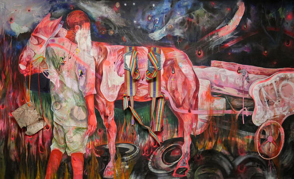 Lavar Munroe Witness, 2018 acrylic, spray paint, parachute harness, rope, bullet riddled sign, and collage on canvas 11 ½ x 6 5/6 feet