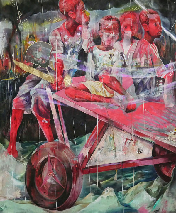Lavar Munroe In a Kingdom of Ignorant Kings, 2018 acrylic, antique funeral fans, rope and spray paint on canvas 76 x 63 inches