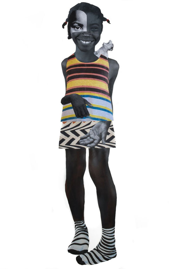 Deborah Roberts Bare feet girls grow up mean, 2017 mixed media on paper 44 x 32 in.