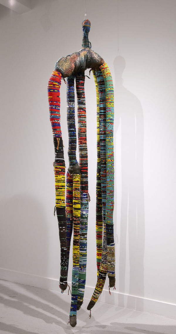 Leonardo Benzant Cosmology of Resistance, 2012-2017 Clothes/fabric, string, monofilament, glass beads, gel medium, acrylic, vija (Ashiote), coffee grinds, powdered charcoal, glitter and miscellaneous 85 inches