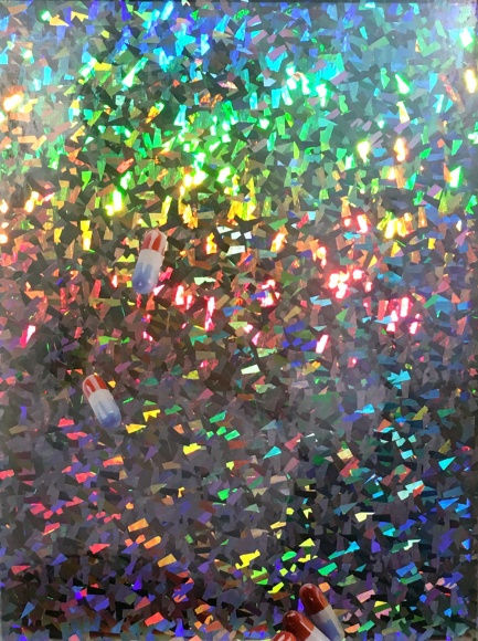 Sadie Barnette Untitled (Pills), 2016 collage on holographic vinyl 12 x 9 inches