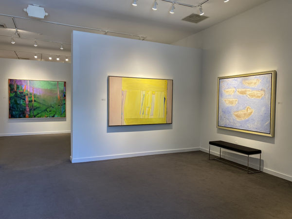 Installation shot of Spring/Summer Exhibition 2020 including paintings by Brian Rutenberg, Lee Hall, and Raul Diaz