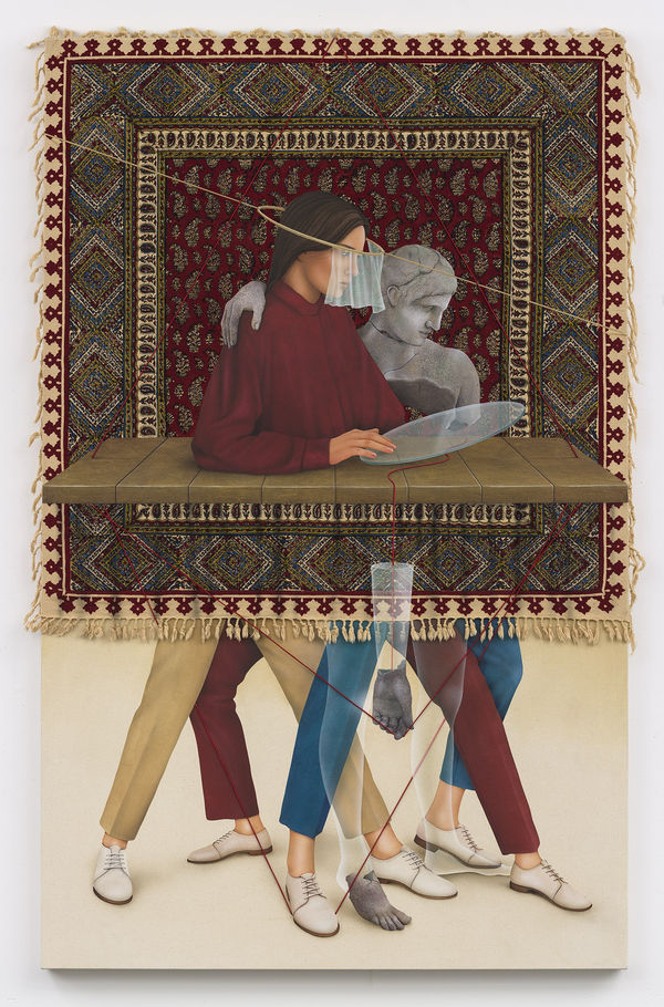 Arghavan Khosravi, The Uncertainty, 2020. Acrylic on found textile and cotton canvas over wood panel, leather cord, 39 x 61.5 in.