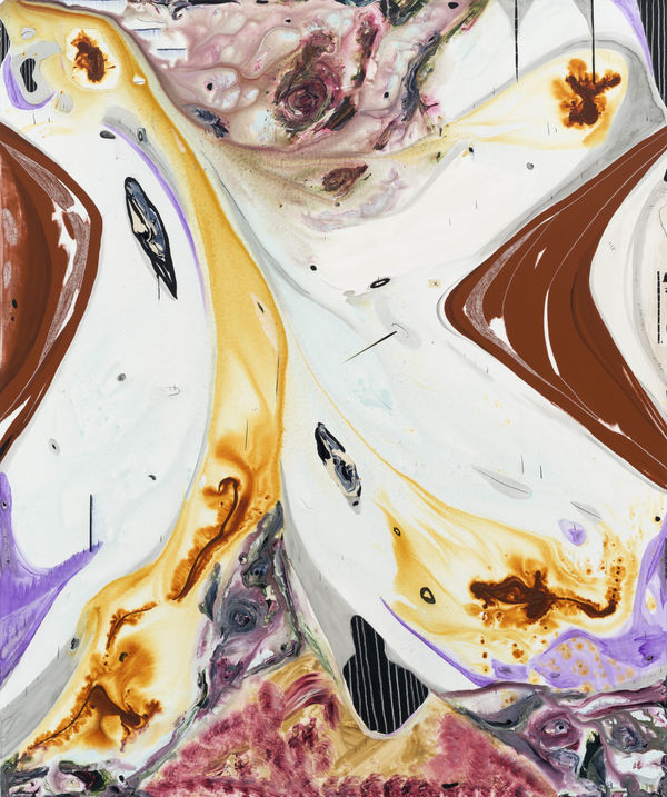 Manuel Mathieu, The Birth of Nature 2, 2022. Acrylic, chalk, charcoal, oil stick and tape on canvas, 90 x 75 in. Courtesy of the artist and Pilar Corrias, London.