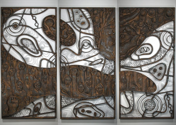 Alfred Conteh Blood, 2015 Wood, acrylic, steel wire, wire mesh, thermoadhesive plastic, epoxy dough, eps foam, atomized steel dust, atomized bronze dust, and urethane plastic. 153.5 x 95 x 3.25 in.