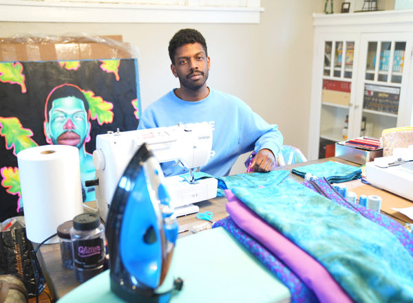 Devan Shimoyama in his current workspace at his home in Pittsburgh, PA., 2020.