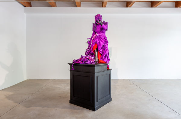 Mary Sibande Ascension of the Purple Figure, 2016 Fiberglass, resin, fabric, and steel on painted wood plinth 111 3/4 x 39 3/4 x 39 3/4 in 284 x 101 x 101 cm