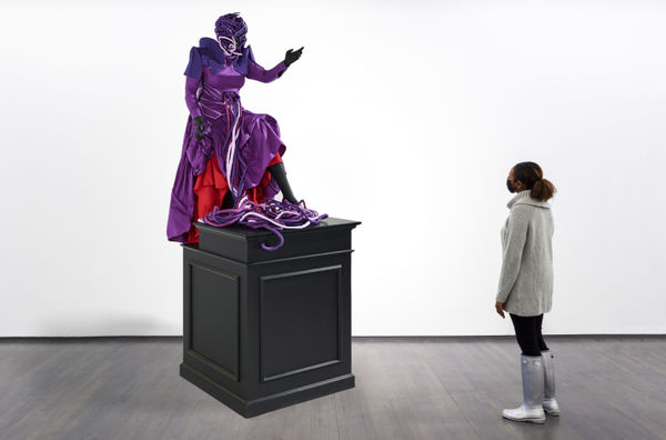 Mary Sibande Ascension of the Purple Figure, 2016 Fiberglass, resin, fabric, and steel on painted wood plinth 111 3/4 x 39 3/4 x 39 3/4 in 284 x 101 x 101 cm