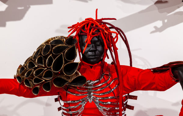 Mary Sibande The Domba Dance, 2019 Life-size fiberglass, bronze, cotton fabric, fiberglass and silicone 157 1/2 x 98 3/8 x 118 1/8 in 400 x 250 x 300 cm