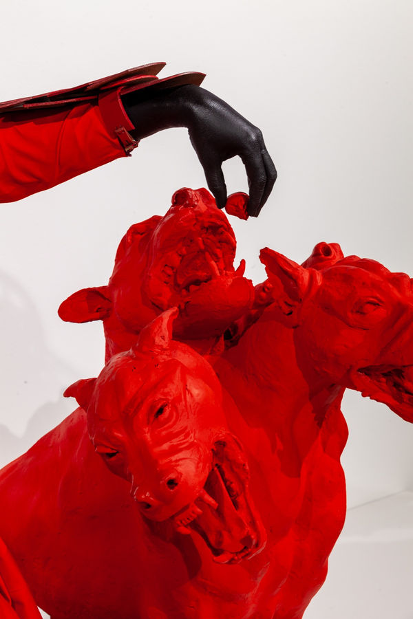 Mary Sibande The Domba Dance, 2019 Life-size fiberglass, bronze, cotton fabric, fiberglass and silicone 157 1/2 x 98 3/8 x 118 1/8 in 400 x 250 x 300 cm