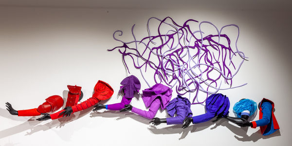 Mary Sibande The Domba Dance, 2019 Life-size fiberglass, bronze, cotton fabric, fiberglass and silicone 157 1/2 x 98 3/8 x 118 1/8 in 400 x 250 x 300 cm