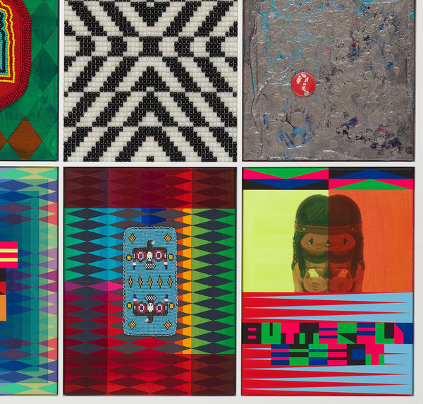 Jeffrey Gibson OVER THE RAINBOW, 2021 Canvas, Acrylic Paint, Vintage Beaded Necktie, Archival Pigment Print on Rice Paper, Glass Beads, Artificial Sinew, Wooden Beads, Vinyl Sequins, Brass Adornment, Druzy Bead, Nylon Thread 66 1/2 x 50 1/2 x 3 1/4 in 168.9 x 128.3 x 8.3 cm