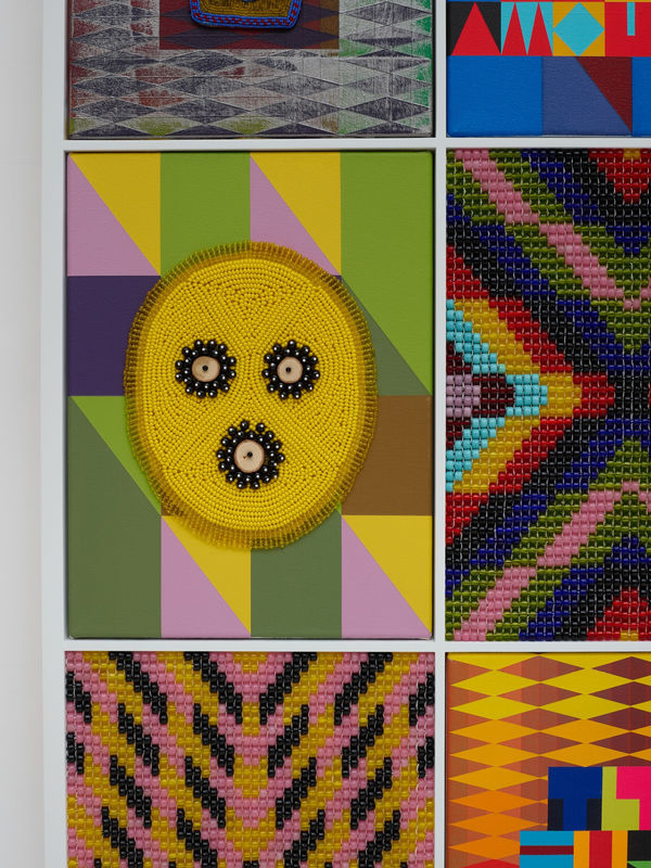 Jeffrey Gibson THE FIRE NEXT TIME, 2021 Canvas, acrylic paint, glass beads, artificial sinew, nylon thread, vintage beaded belt buckle (Suede, glass beads, cotton thread), vintage beaded wallet (glass beads, cotton fabric, cotton thread), vintage wooded tie slide 66 1/2 x 50 1/2 x 3 1/4 168.9 x 128.3 x 8.3