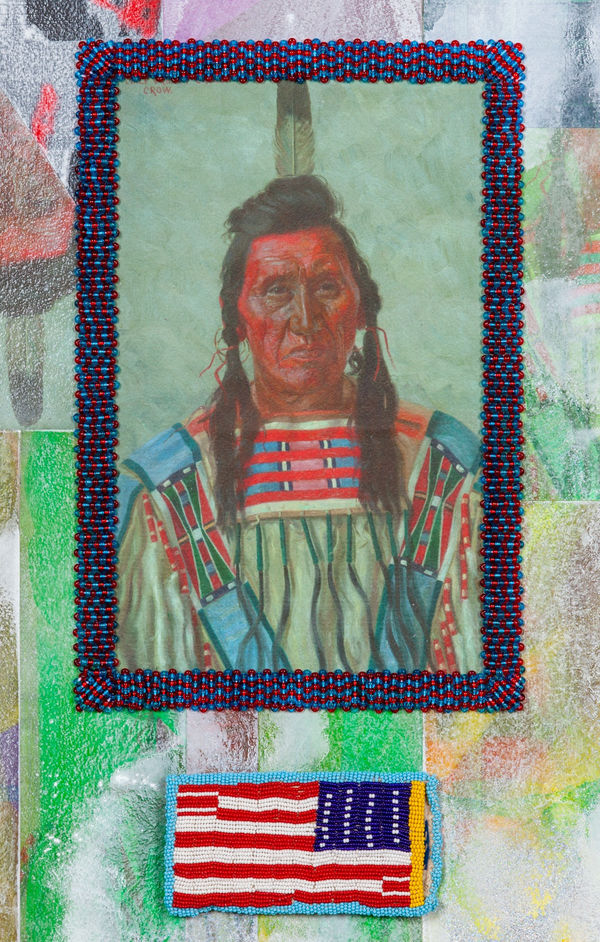 Jeffrey Gibson Chief Pretty Eagle, 2020 Mixed Media Collage, Vintage Beaded Eyeglass Case (Glass Beads, Polyester, Thread, Suede), Vintage Beaded Barrette (Glass Beads, Polyester, Thread), Vintage Papers, Found Pin, Glass Beads, Glitter, Urethane, Acrylic Paint 64 x 48 x 1 1/2 in 162.6 x 121.9 x 3.8 cm
