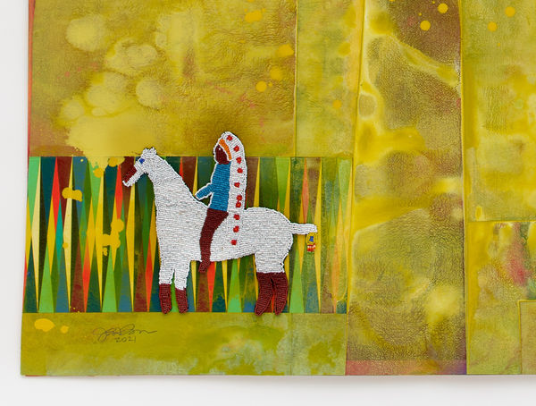 Jeffrey Gibson White Swan, 2021 Mixed Media Collage, Acrylic Paint, Vintage Beaded Barrette (Glass Beads, Suede, Cotton Thread), Vintage Beaded Appliqué (Glass Beads, Polyester, Thread) Glass Beads, Nylon Thread 64 x 48 x 1 1/2 in 162.6 x 121.9 x 3.8 cm