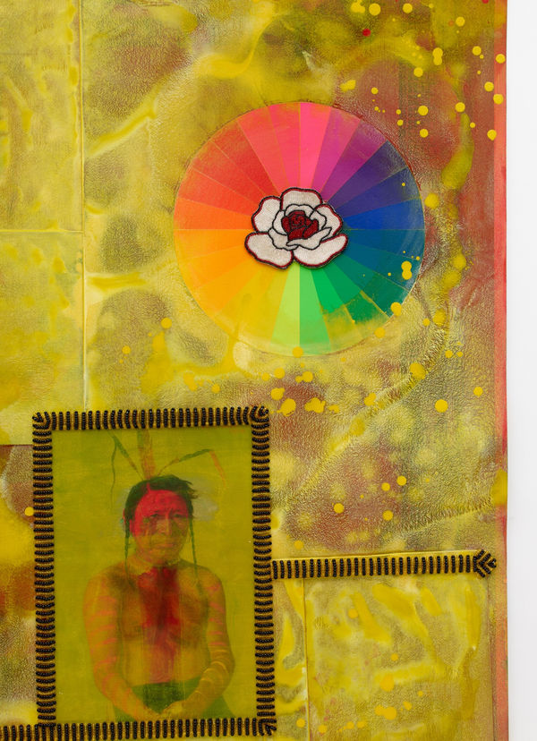 Jeffrey Gibson White Swan, 2021 Mixed Media Collage, Acrylic Paint, Vintage Beaded Barrette (Glass Beads, Suede, Cotton Thread), Vintage Beaded Appliqué (Glass Beads, Polyester, Thread) Glass Beads, Nylon Thread 64 x 48 x 1 1/2 in 162.6 x 121.9 x 3.8 cm