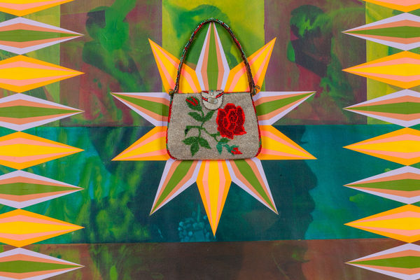 Jeffrey Gibson Pahl Lee, 2021 Mixed Media Collage, Acrylic Paint, Vintage Beaded Handbag (Glass Beads, Cotton Fabric, Leather, Brass Enclosure, Polyester, Cotton Thread), Glass Beads 64 x 48 x 1 1/2 in 162.6 x 121.9 x 3.8 cm