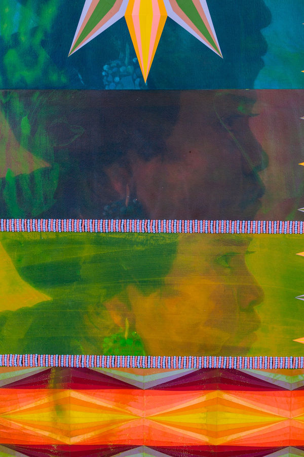 Jeffrey Gibson Pahl Lee, 2021 Mixed Media Collage, Acrylic Paint, Vintage Beaded Handbag (Glass Beads, Cotton Fabric, Leather, Brass Enclosure, Polyester, Cotton Thread), Glass Beads 64 x 48 x 1 1/2 in 162.6 x 121.9 x 3.8 cm