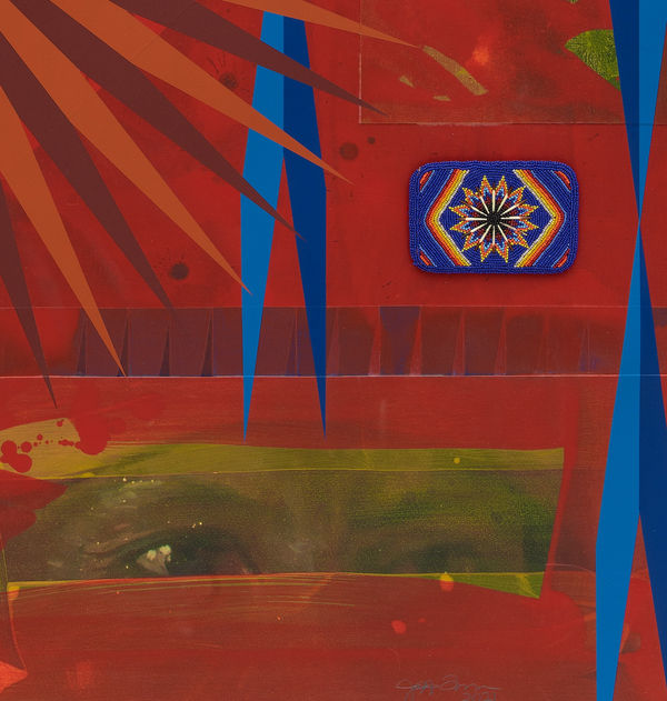 Jeffrey Gibson Christian Naiche, 2021 Mixed Media Collage, Acrylic Paint, Vintage Beaded Picture Frame (Glass Beads, Cotton Fabric, Cardboard, Velvet, Cotton Thread, Suede), Vintage Pin, Vintage Beaded Barrette (Glass Beads, Suede, Polyester, Thread) Vintage Beaded Belt Buckle (Glass Beads, Suede, Polyester, Thread), Vintage Beaded Whimsey (Glass Beads, Velvet, Cardboard, Saw Dust, Thread) Glass Beads, Nylon Thread 64 x 48 x 1 1/2 in 162.6 x 121.9 x 3.8 cm