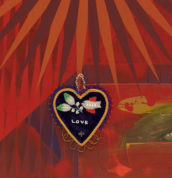 Jeffrey Gibson Christian Naiche, 2021 Mixed Media Collage, Acrylic Paint, Vintage Beaded Picture Frame (Glass Beads, Cotton Fabric, Cardboard, Velvet, Cotton Thread, Suede), Vintage Pin, Vintage Beaded Barrette (Glass Beads, Suede, Polyester, Thread) Vintage Beaded Belt Buckle (Glass Beads, Suede, Polyester, Thread), Vintage Beaded Whimsey (Glass Beads, Velvet, Cardboard, Saw Dust, Thread) Glass Beads, Nylon Thread 64 x 48 x 1 1/2 in 162.6 x 121.9 x 3.8 cm