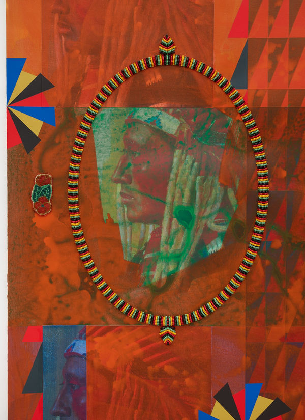 Jeffrey Gibson Boneta, 2021 Mixed Media Collage, Acrylic Paint, Glass Beads, Nylon Thread, Vintage Beaded Belt (Glass Beads, Suede, Cotton Thread), Vintage Beaded Barrettes (Glass Beads, Suede, Polyester, Thread), Vintage Ring Toss Game From Japan (Print, Cardboard, Clear Plastic), Brass Repousse 64 x 48 x 1 1/2 in 162.6 x 121.9 x 3.8 cm