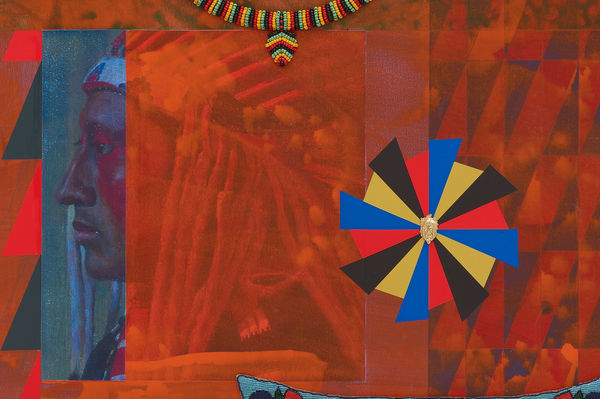 Jeffrey Gibson Boneta, 2021 Mixed Media Collage, Acrylic Paint, Glass Beads, Nylon Thread, Vintage Beaded Belt (Glass Beads, Suede, Cotton Thread), Vintage Beaded Barrettes (Glass Beads, Suede, Polyester, Thread), Vintage Ring Toss Game From Japan (Print, Cardboard, Clear Plastic), Brass Repousse 64 x 48 x 1 1/2 in 162.6 x 121.9 x 3.8 cm