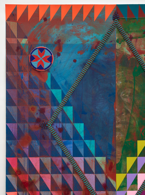 Jeffrey Gibson Chief Black Coyote, 2021 Mixed Media Collage, Acrylic Paint, Vintage Beaded Barrette (Glass Beads, Polyester, Suede Cotton Thread), Vintage Beaded Belt Buckle (Glass Beads, Suede, Polyester, Thread) Vintage Pin, Beaded Belt (Glass Beads, Cotton Thread) Glass Beads, Nylon Thread 71 x 48 x 1 1/2 in 180.3 x 121.9 x 3.8 cm