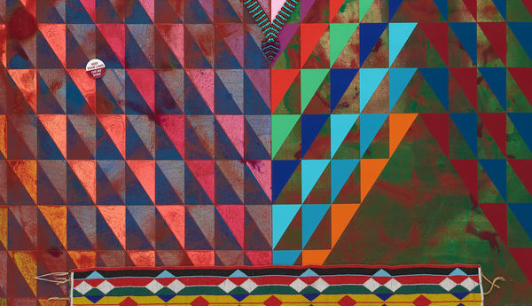 Jeffrey Gibson Chief Black Coyote, 2021 Mixed Media Collage, Acrylic Paint, Vintage Beaded Barrette (Glass Beads, Polyester, Suede Cotton Thread), Vintage Beaded Belt Buckle (Glass Beads, Suede, Polyester, Thread) Vintage Pin, Beaded Belt (Glass Beads, Cotton Thread) Glass Beads, Nylon Thread 71 x 48 x 1 1/2 in 180.3 x 121.9 x 3.8 cm