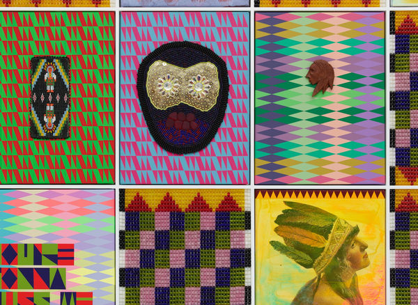 Jeffrey Gibson THEY PLAY ENDLESSLY, 2021 Canvas, Acrylic Paint, Vintage Beaded Wallet, Vintage Wooden Broach, Archival Pigment Print on Rice Paper, Glass Beads, Artificial Sinew, Hematite Beads, Plastic Beads, Druzy Beads, Metal Sequins, Turquoise Beads, Nylon Thread 66 1/2 x 50 1/2 x 3 1/4 in 168.9 x 128.3 x 8.3 cm