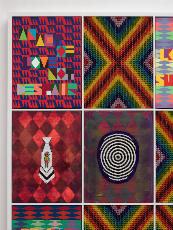 Jeffrey Gibson I'M LOOKING FOR SUNSHINE, 2021 Canvas, Acrylic Paint, Vintage Beaded Necktie, Archival Pigment Print on Rice Paper, Glass Beads, Artificial Sinew, Wooden Beads, Vinyl Sequins, Nylon Thread 66 1/2 x 50 1/2 x 3 1/4 in 168.9 x 128.3 x 8.3 cm