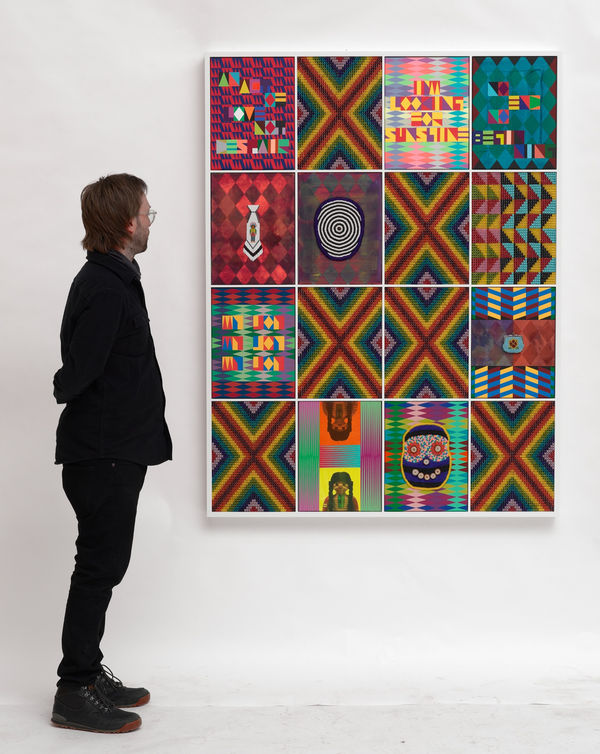 Jeffrey Gibson I'M LOOKING FOR SUNSHINE, 2021 Canvas, Acrylic Paint, Vintage Beaded Necktie, Archival Pigment Print on Rice Paper, Glass Beads, Artificial Sinew, Wooden Beads, Vinyl Sequins, Nylon Thread 66 1/2 x 50 1/2 x 3 1/4 in 168.9 x 128.3 x 8.3 cm