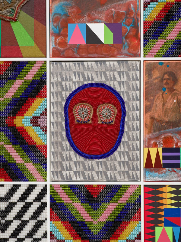 Jeffrey Gibson BY ANY MEANS NECESSARY, 2021 Canvas, acrylic paint, glass beads, artificial sinew, nylon thread, vintage beaded belt buckle (Suede, glass beads, cotton thread), vintage beaded whimsey (Cotton fabric, velvet, glass beads, cotton thread) vintage beaded bag (Suede, glass beads, cotton thread) 66 1/2 x 50 1/2 x 3 1/4 168.9 x 128.3 x 8.3