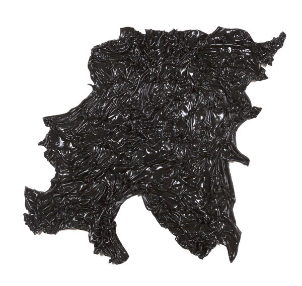 Allana Clarke, To Tend, 2021. 30 Second super hair bonding glue (rubber latex, black carbon dye, Ammonium Hydroxide) 38 x 39 x 3 in. Courtesy Kavi Gupta Gallery.