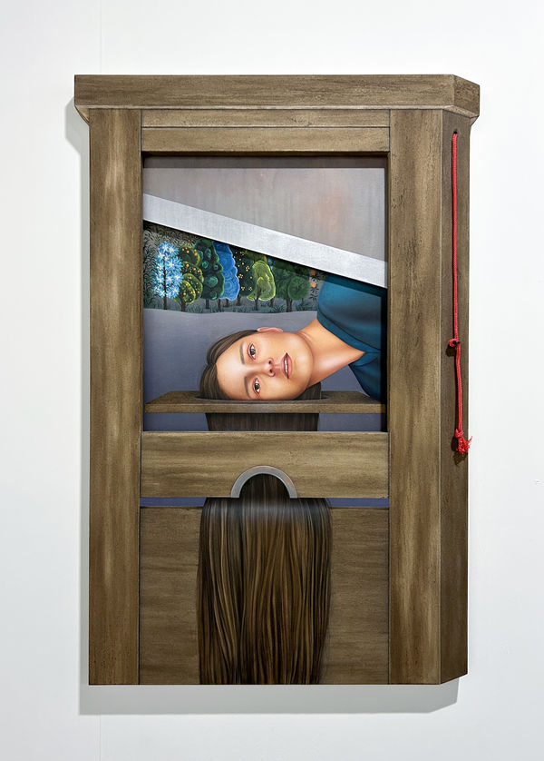 Arghavan Khosravi, Our Hair has Always been the Problem, 2022. Acrylic on canvas over a shaped wood panel, polyester rope, steel eye hook screw, 31 x 47 1/2 x 1 1/2 in.