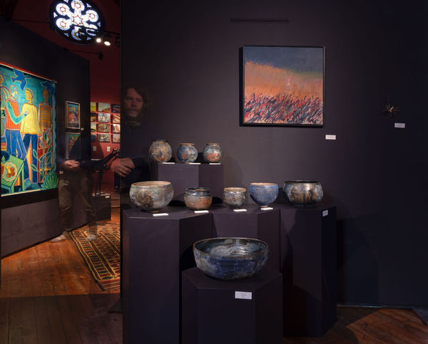 Lava pots by Lotte Glob and the ghosts of an art dealer. Paintings by Robert McAulay and Alice Campbell.