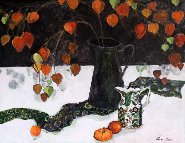 Ann Oram Chinese Lantern in a Black Jug acrylic on gesso board 50cm x 60cm