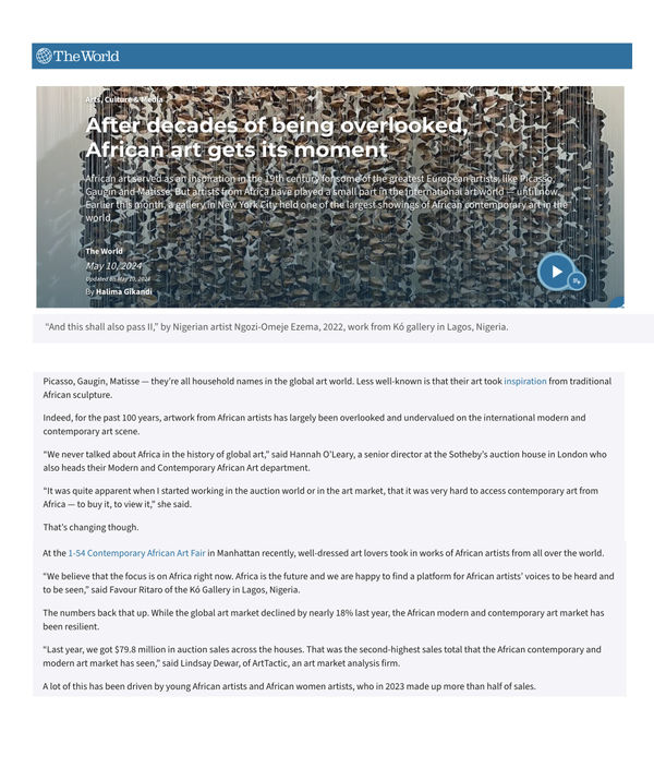 After decades of being overlooked, African art gets its moment, The World