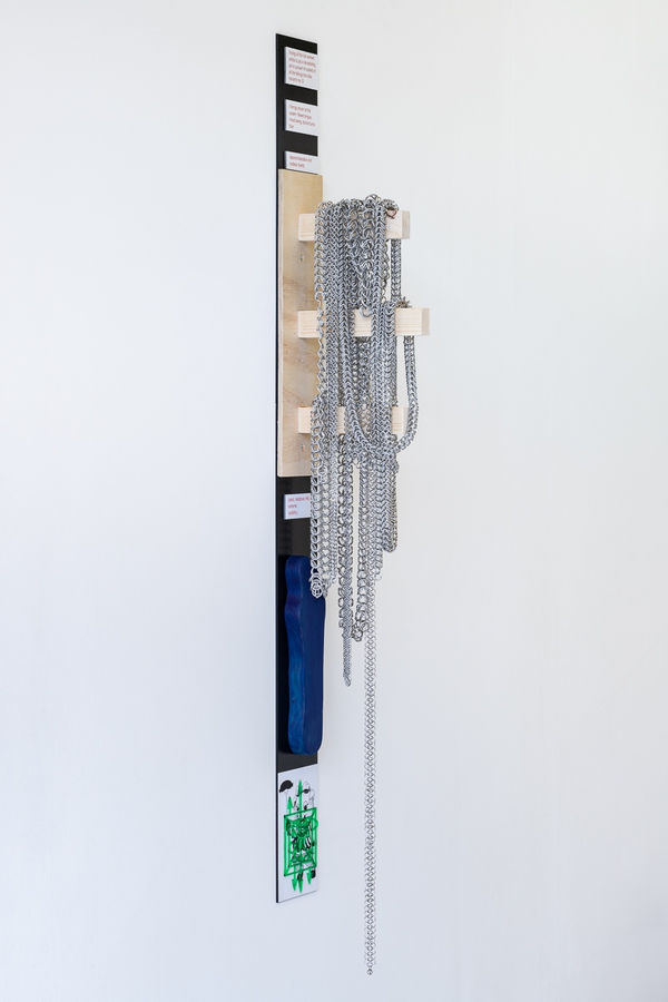 Jude Crilly bon pied bon &oelig;il, 2020 Oregon pine (pseudotsuga menziesii), malva flower wood stain, hand-woven aluminium chain, lasercut plexiglass, lasercut corian, UV vinyl prints, powder-coated aluminium