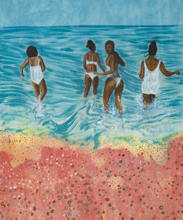 Sola Olulode. '1, 2, 3 GO!', 2024 Dye, pastel, ink, charcoal and pigment on canvas, 180 x 150 cm.