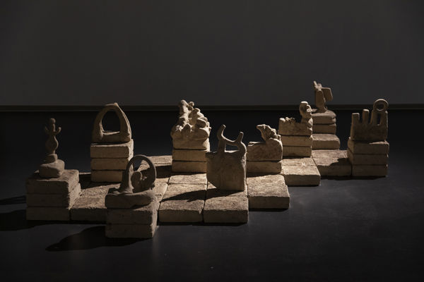 Installation view of Rand Abdul Jabbar, 'May It Be Remembered', 2023, Single channel video (sound, 7 minutes), mud sculptures, Dimensions Variable. Image courtesy of Lawrie Shabibi and the artist.