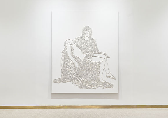 Mounir Fatmi, 'La Pietà', 2007, coaxial antenna cable on wood panel, staples, 150 x 250 cm. Image courtesy of the artist.