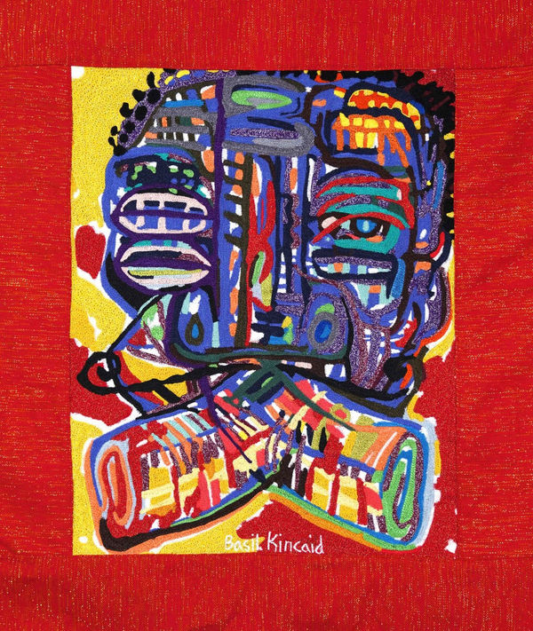 Kincaid Basil A Sharp Harsh Shot Of Joy Embroidery Thread And Hand Woven Kente Cloth On Canvas 22 X 16 I