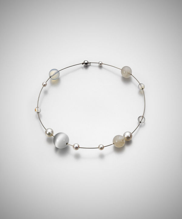 Mariko Mori Planets Necklace, 2013 18ct white gold, south sea pearls, akoya pearls, opal glass, aurora bead and pearl crystal bead Diameter: 15cm Edition of 5