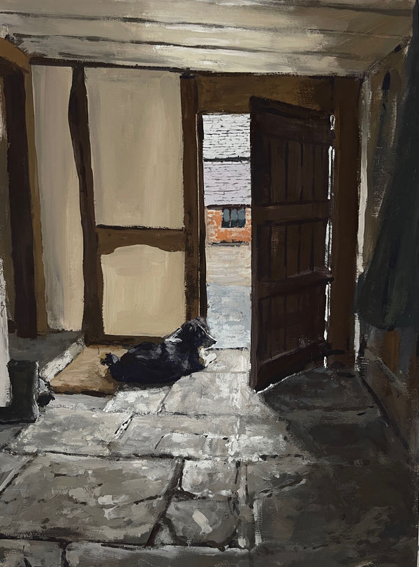 Welsh cottage with dog painting