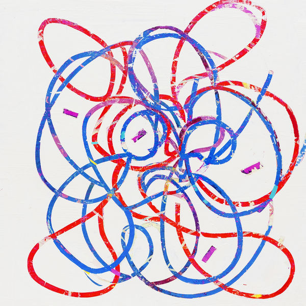 Mary Didoardo's "Solo" oil painting on wood. The painting is of both red, blue and magenta lines interlining with each other creating an overlapping movement in the foreground. The background is only white helping the foreground pop out.