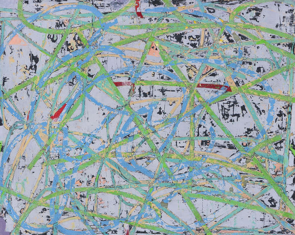 Mary Didoardo's "Trails" oil painting on wood with primarily cool colors. The painting is of both green and blue lines creating an overlapping movement in the foreground. The background has a faded dull blue and dark blue marks.