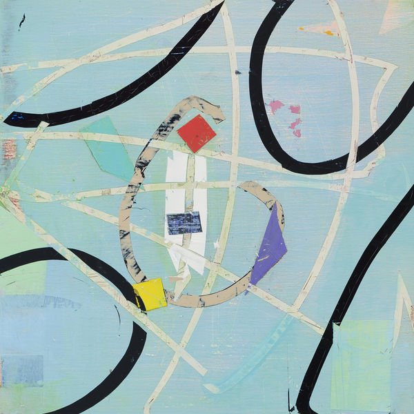 Mary Didoardo's "Genesis" oil painting on wood. This artwork has bright and dark colored lines overlapping each other on the foreground creating an illusion of depth. It makes some of the shapes in the dull but light blue background far away. 